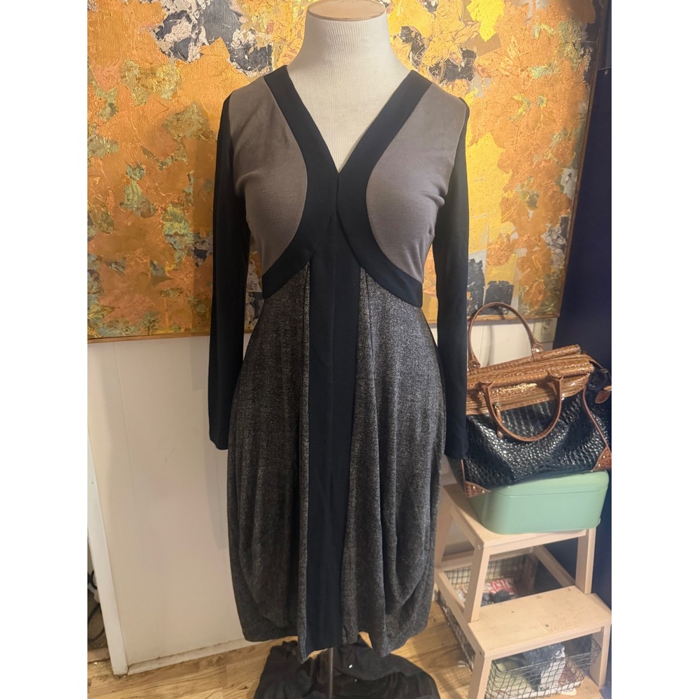 RARE Ronen Chen Israel Stretchy Earth Toned V-Neck Midi Dress Tulip Skirt L